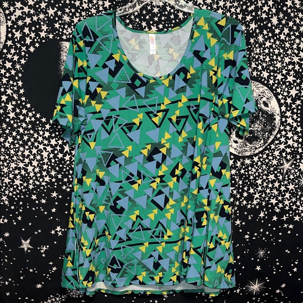 LuLaRoe Green Geometric Short Sleeve Tee with Yellow & Blue Accents